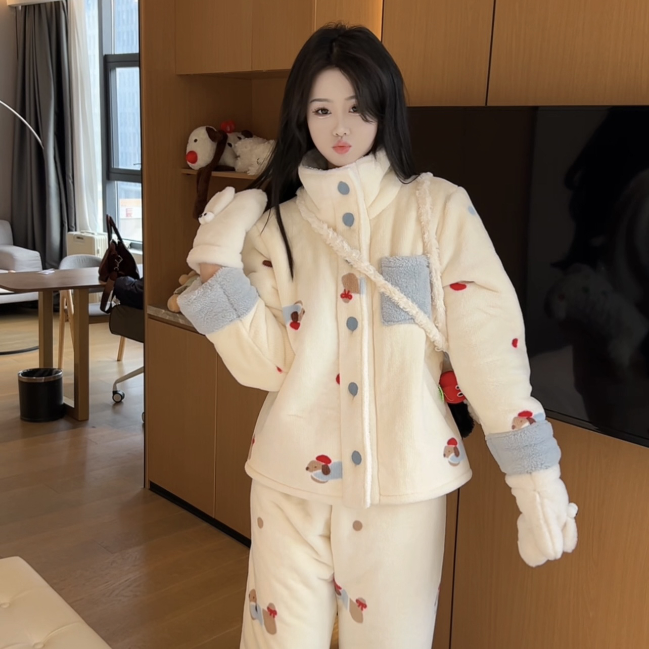 （腊肠狗）冬季加绒加厚保暖可爱精气质显瘦睡衣休闲外穿柔软毛绒