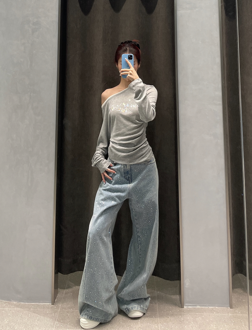 GXW2025SS 满天星烫钻阔腿弯刀牛仔裤