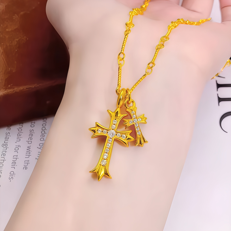 铜合金项链 新中式十字架套项链女士复古百搭女款金色坠链