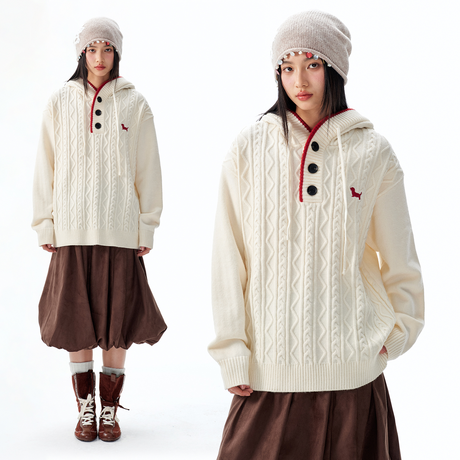 BIPOLAR小狗绣标拼色绞花连帽百搭休闲秋冬宽松情侣针织衫 16N021