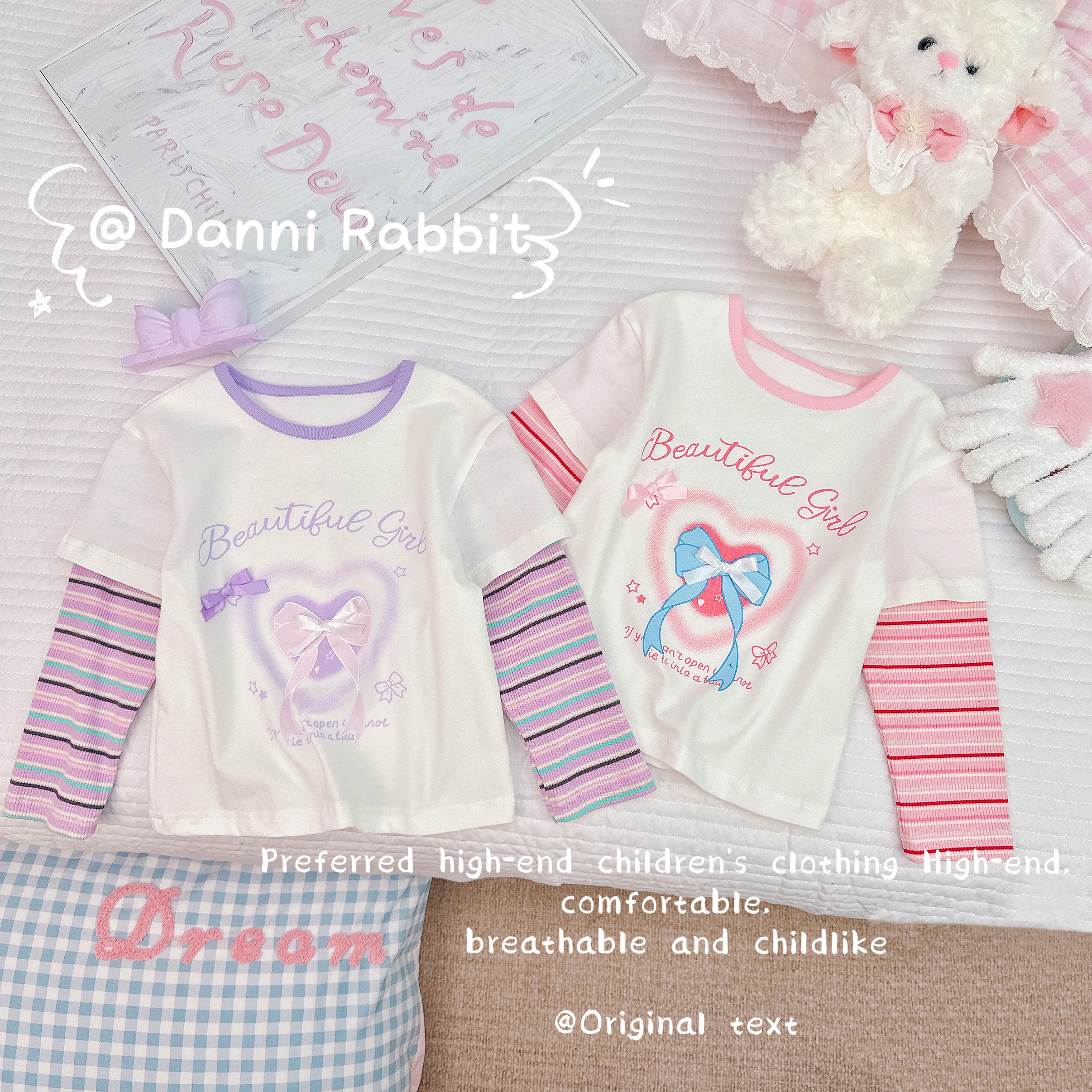 「Dannirabbit」【爱心蝴蝶结】秋款&拼接女童换汉服打底衫【G-7023】