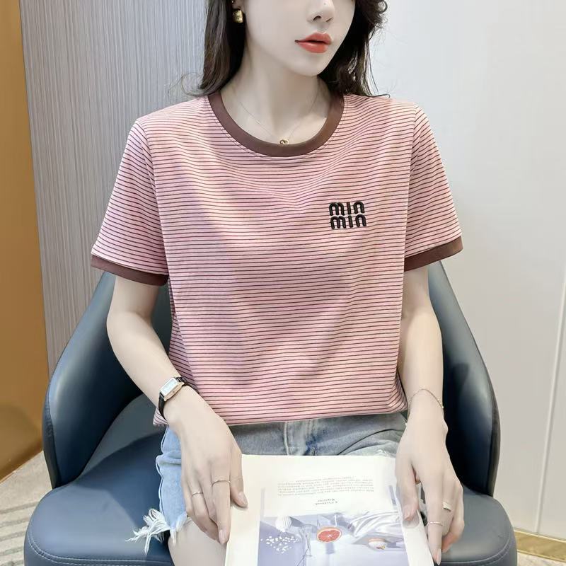 刺绣松身减龄气质时尚显瘦百搭圆领条纹T恤