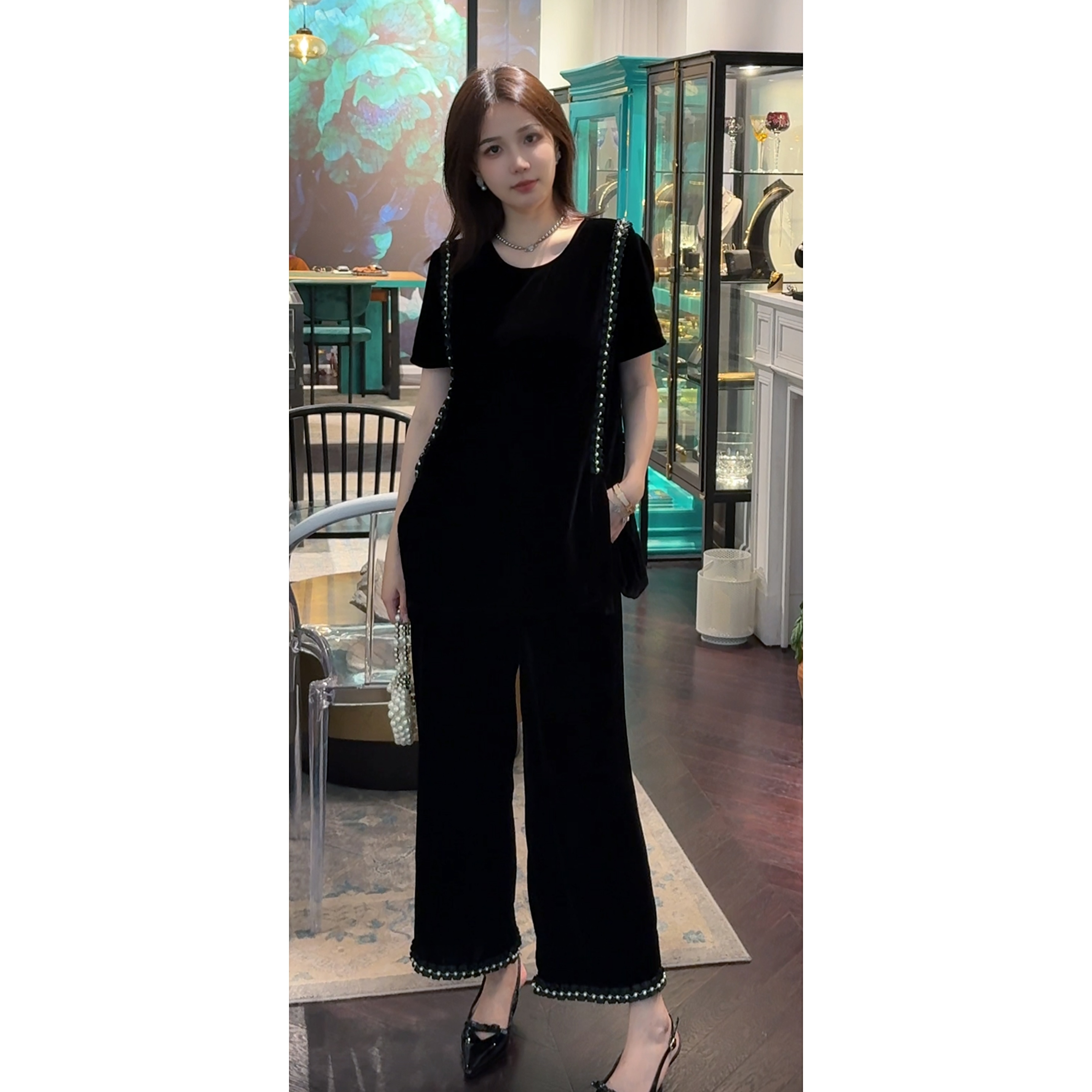 EV.【 垂络珠芒​】100%桑蚕丝珍珠拼接设计感上衣+长裤套装EVZZ0702