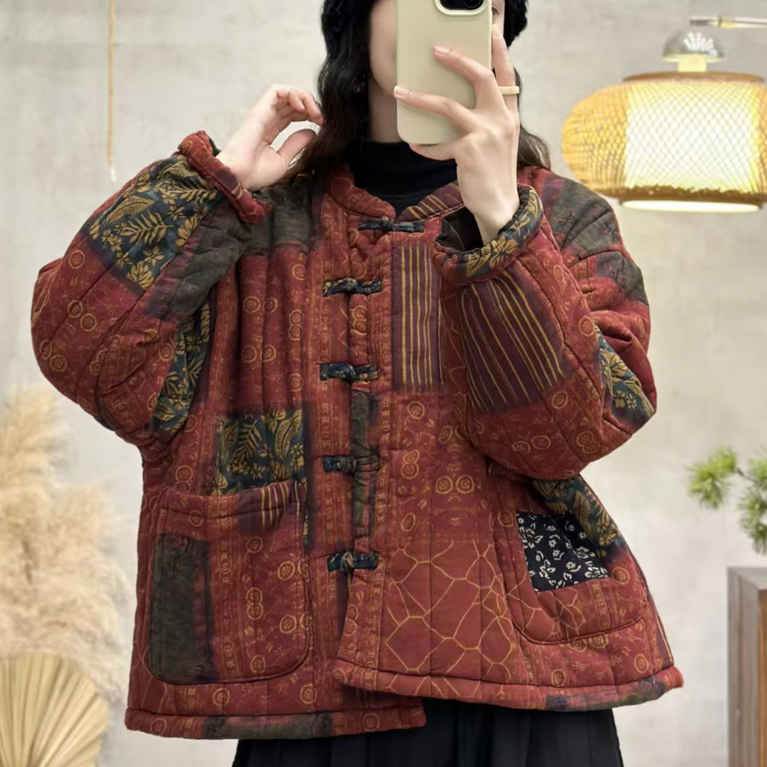 25707-1冬季加棉加厚新中式盘扣东北大花棉衣外套