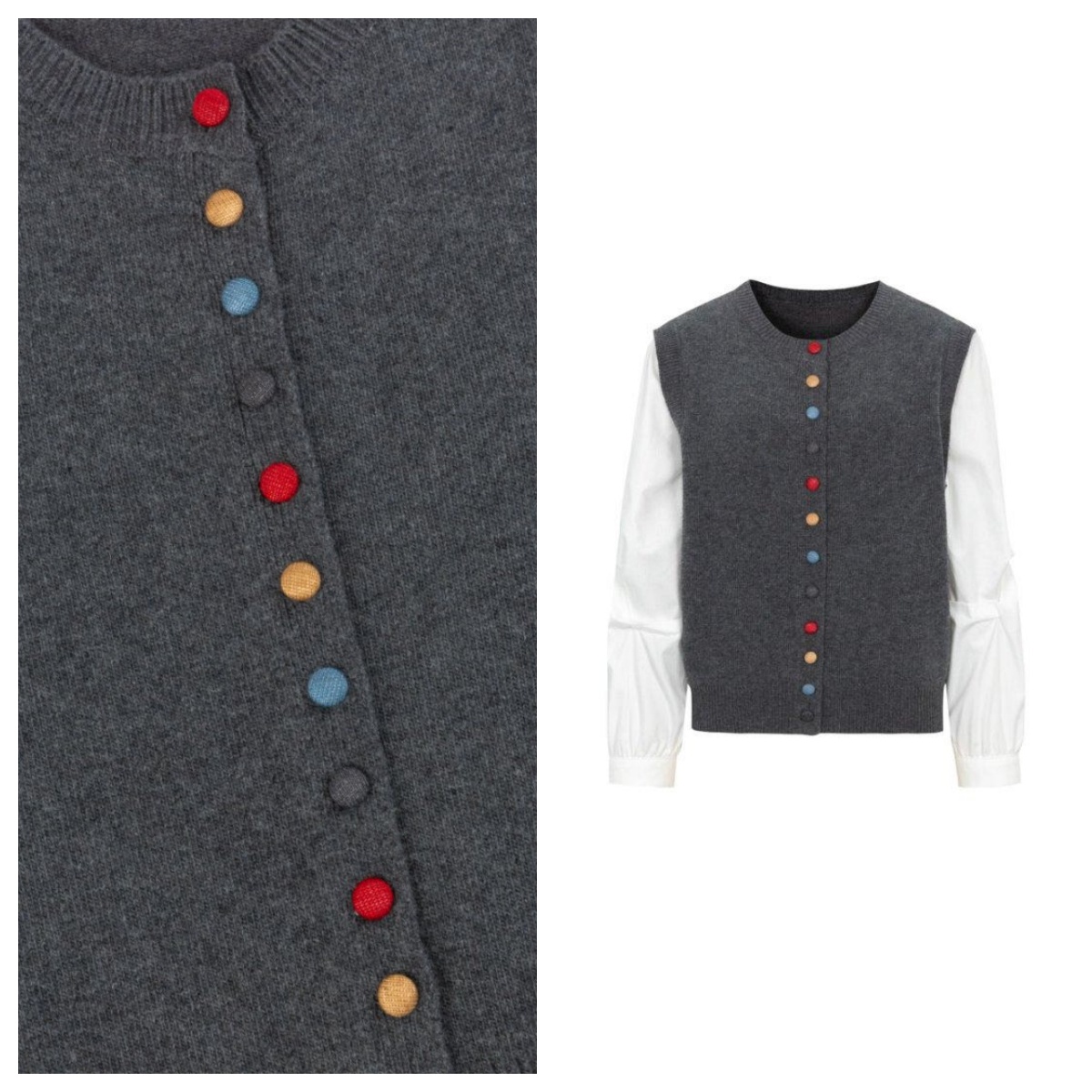 【AOB.RUI】衬衫拼接假两件毛衣2025春季新款彩扣开衫上衣