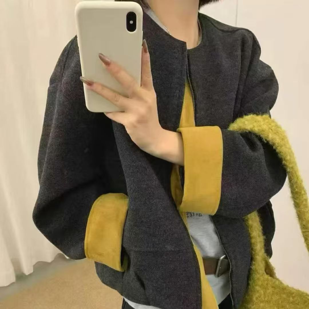 高端欧货2025年秋冬新款圆领撞色拉链毛呢短外套女