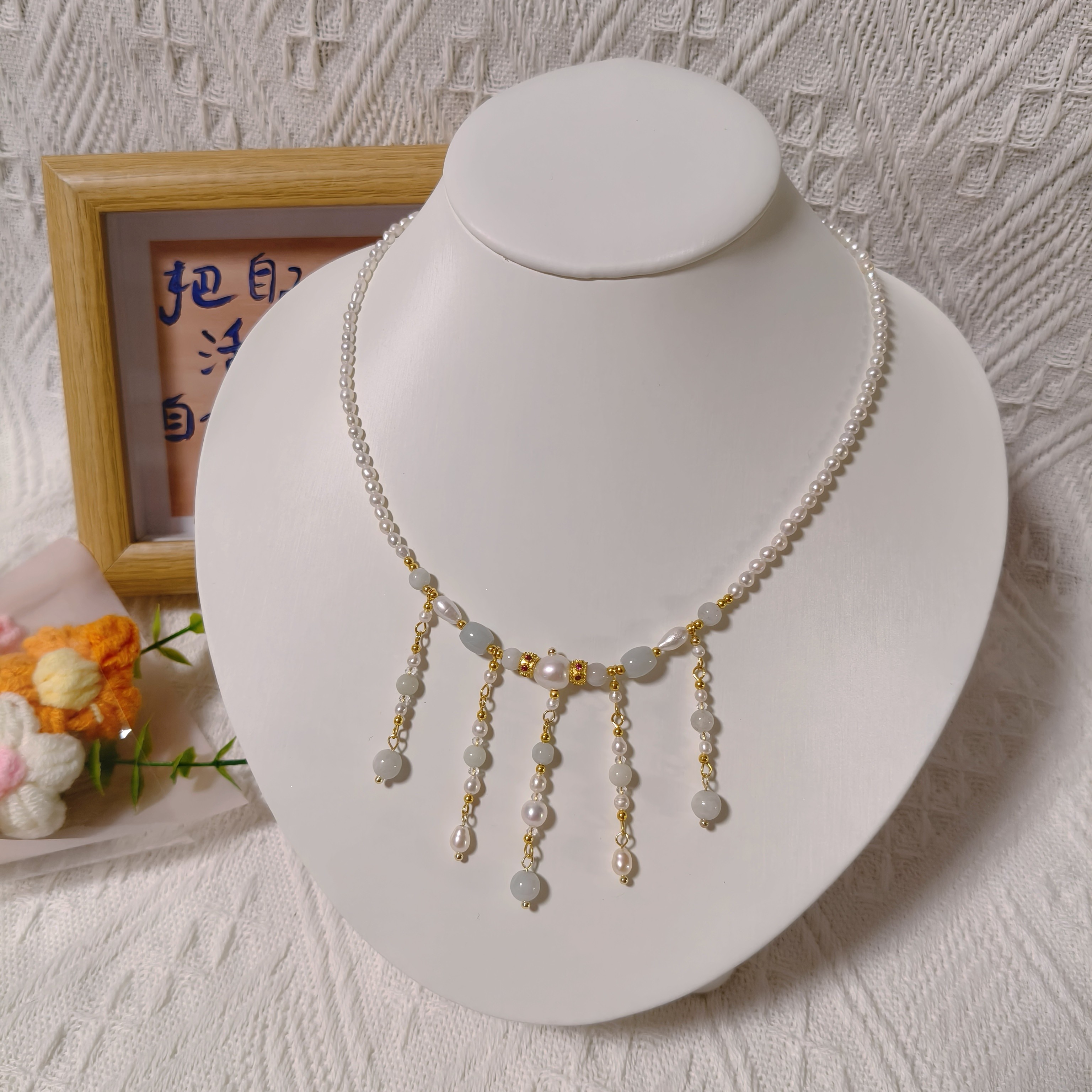 091--天然淡水珍珠项链，复古风