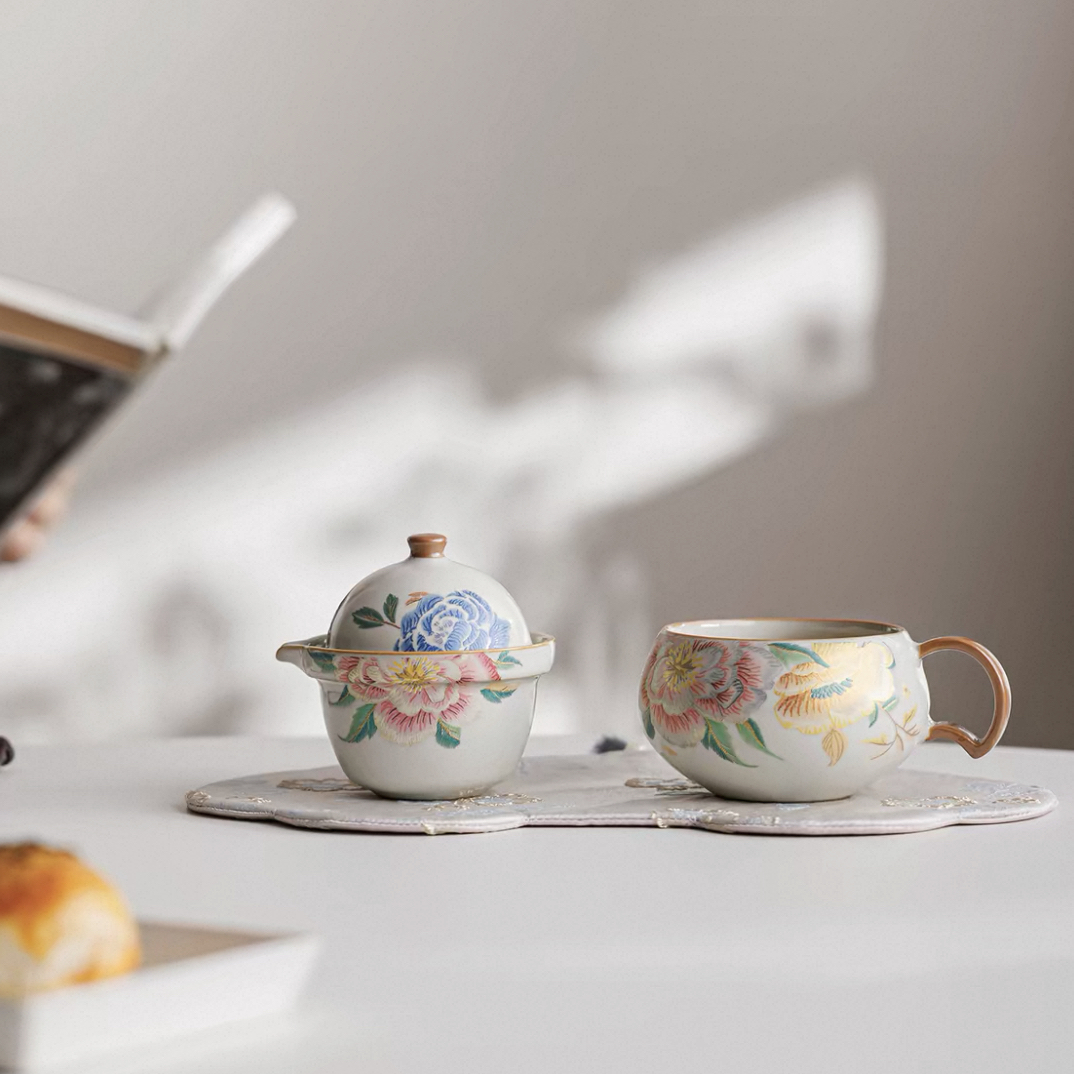 445刺绣牡丹自泡壶防烫带把手快客杯女士高雅轻奢