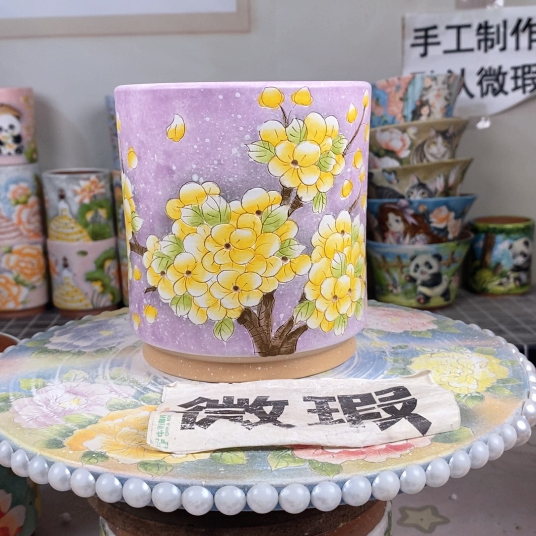 紫砂花盆红陶手绘花盆