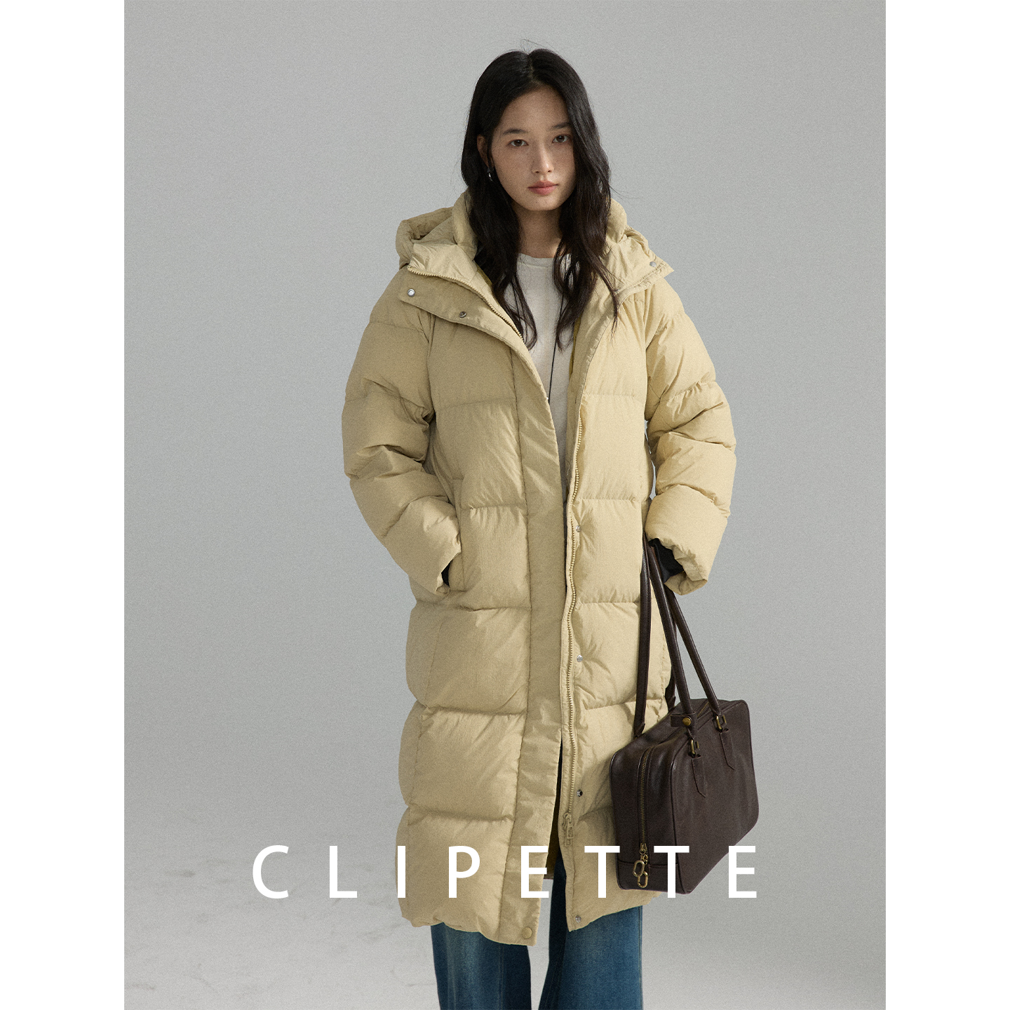CLIPETTE 95%白鸭绒蓬松抗寒保暖加厚连帽中长款羽绒服外套女