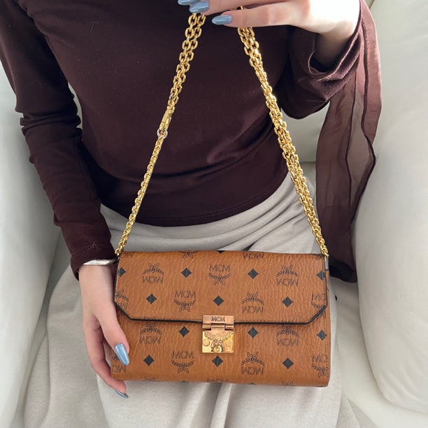 95新 MCM XM/干邑色大号信封链条斜挎包/SD09522540