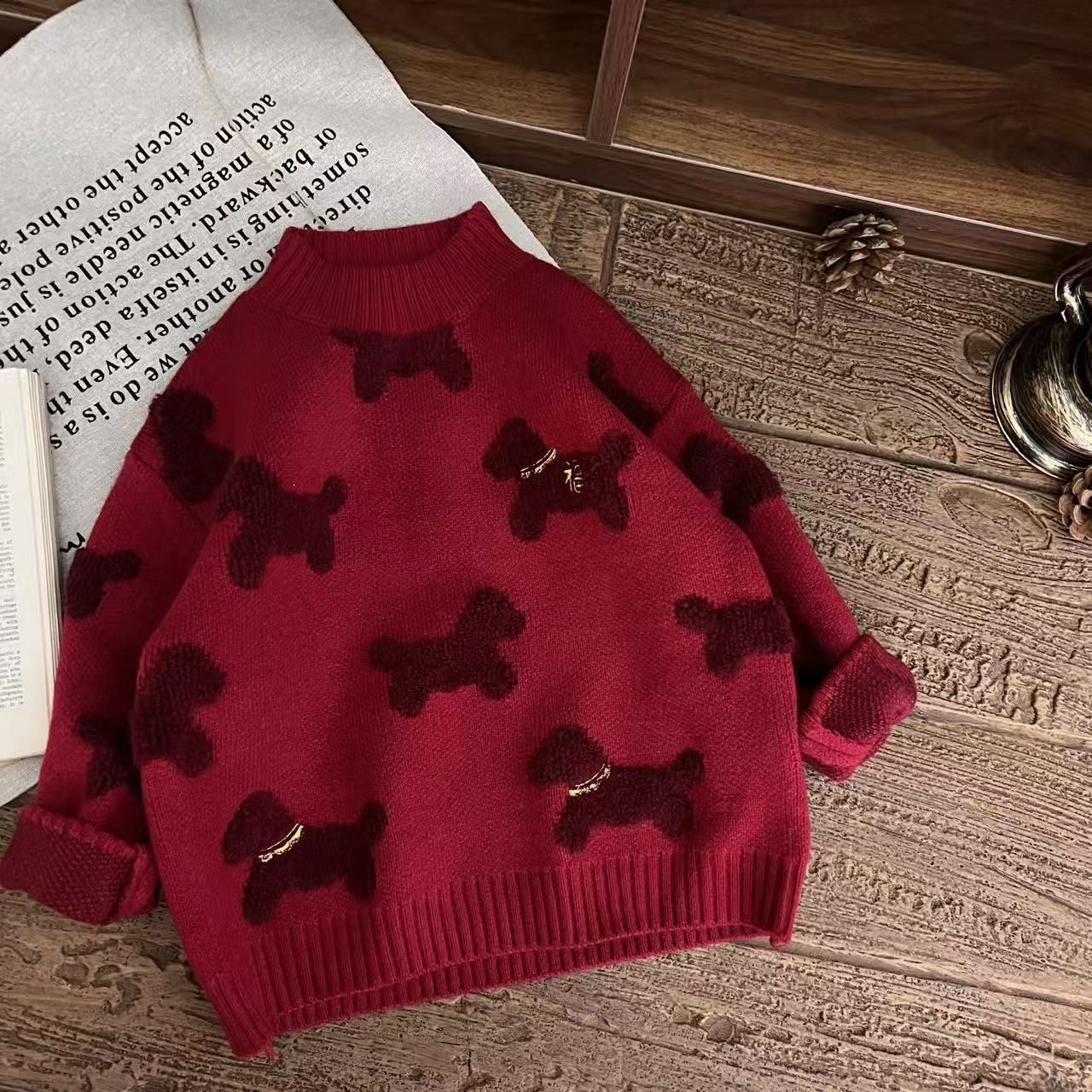 儿童新年红色小狗2025新款提花半高领毛衣男童女童针织衫冬季