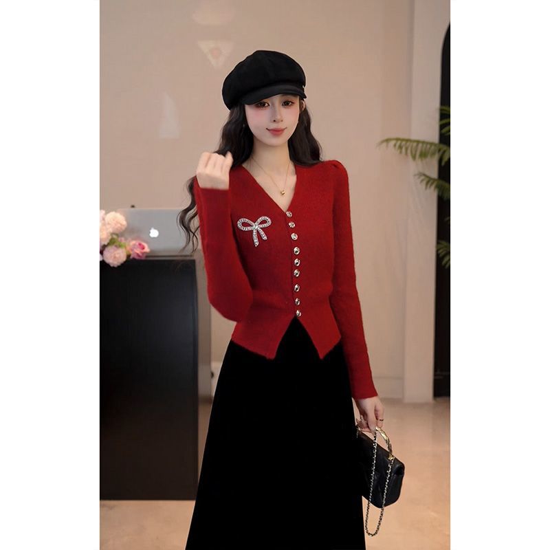 YUANLIANSU/圆脸酥【樱川桃井】小香风秋冬复古红色蝴蝶结显瘦毛衣
