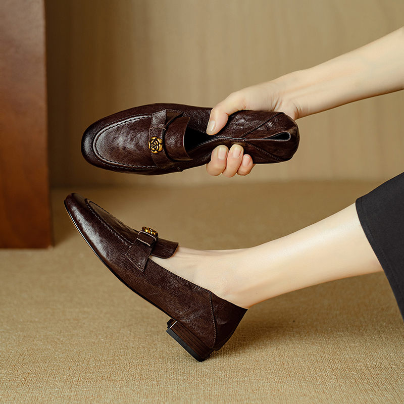 2cm/羊皮/手工复古两穿踩跟超软小羊皮山茶花新款英伦风一脚蹬