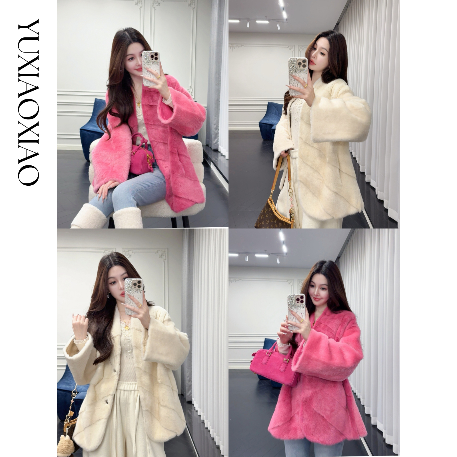 余潇潇【绝色虞美人】天鹅绒水貂毛拼接拉贡羊皮革半抽刀皮草外套