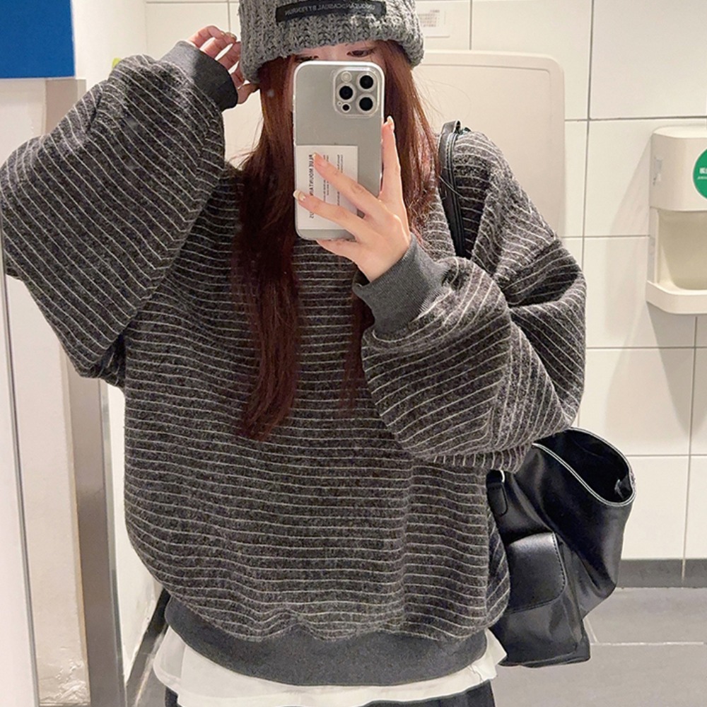 圆领套头长袖慵懒风复古条纹卫衣女新款秋季宽松显瘦休闲上衣N