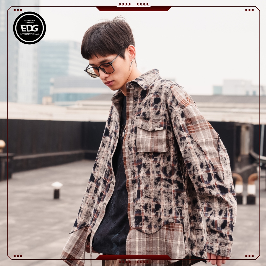 【EDG】- 解构机能风分离式门襟破洞拼接格纹衬衫