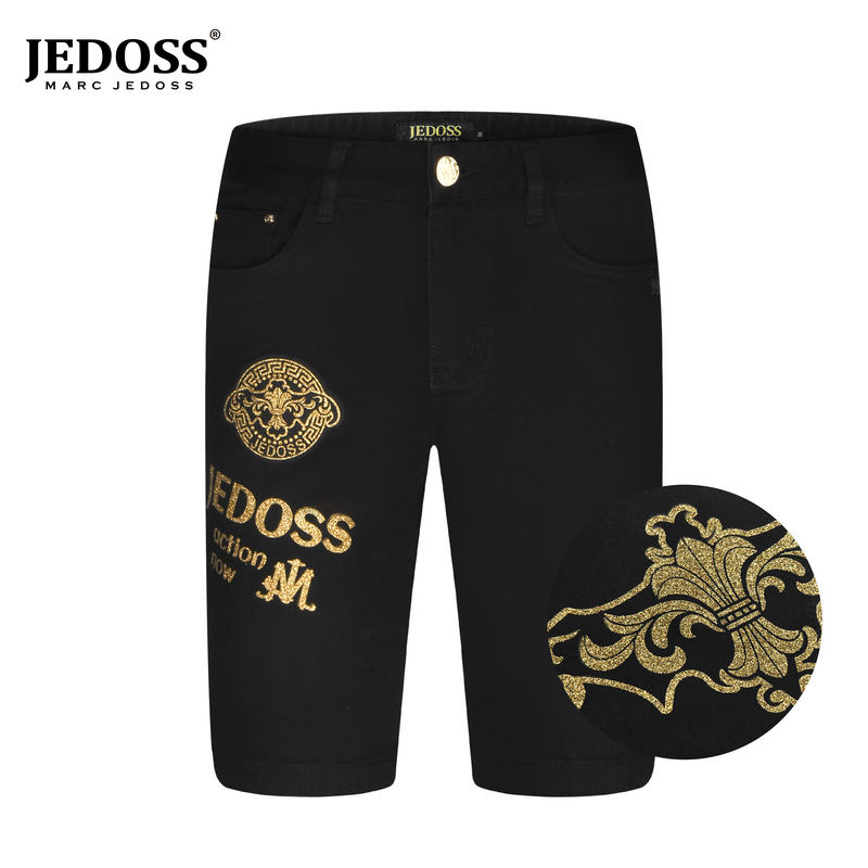 潮牌2025爆款男装鸢尾花LOGO烫钻5分牛仔中裤牛仔裤弹力黑色裤子