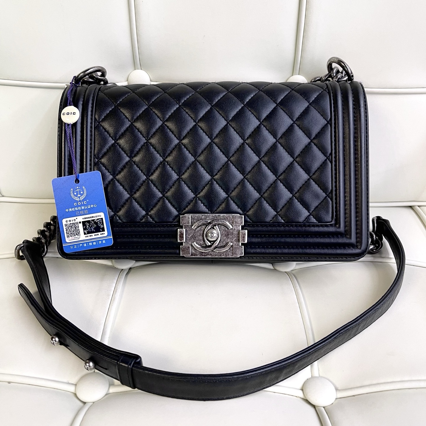 95新 Chanel/香奈儿 119199 香奈儿黑银中号leboy斜挎包