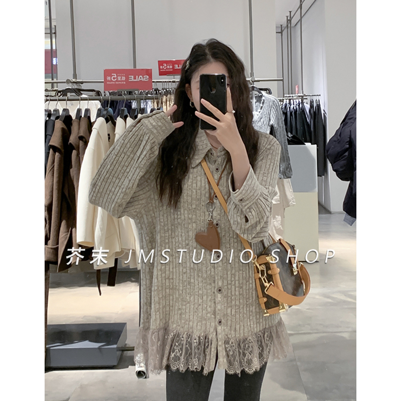 【芥末家】绒面蕾丝翻领衬衫打底衫 秋冬宽松显瘦时尚百搭针织上衣
