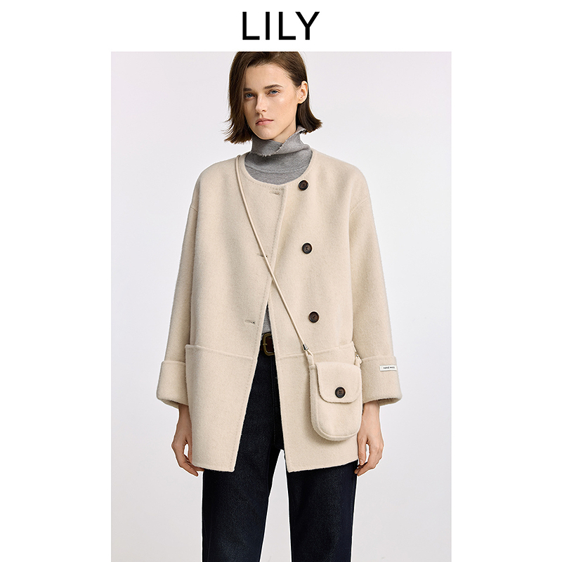 LILY2025冬新款羊毛羊绒混纺含挎包双面呢毛呢外套女125409FN966