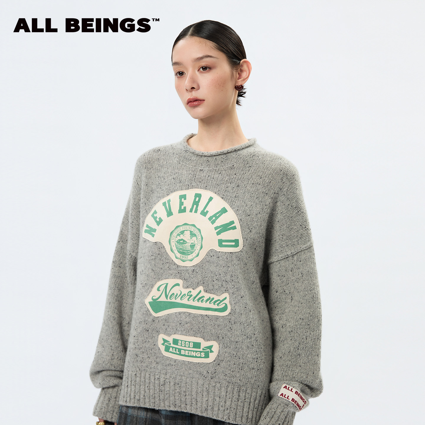 ALL BEINGS【丁程鑫同款】百搭灰色粗针贴布绣花灰圆领慵懒风毛衣