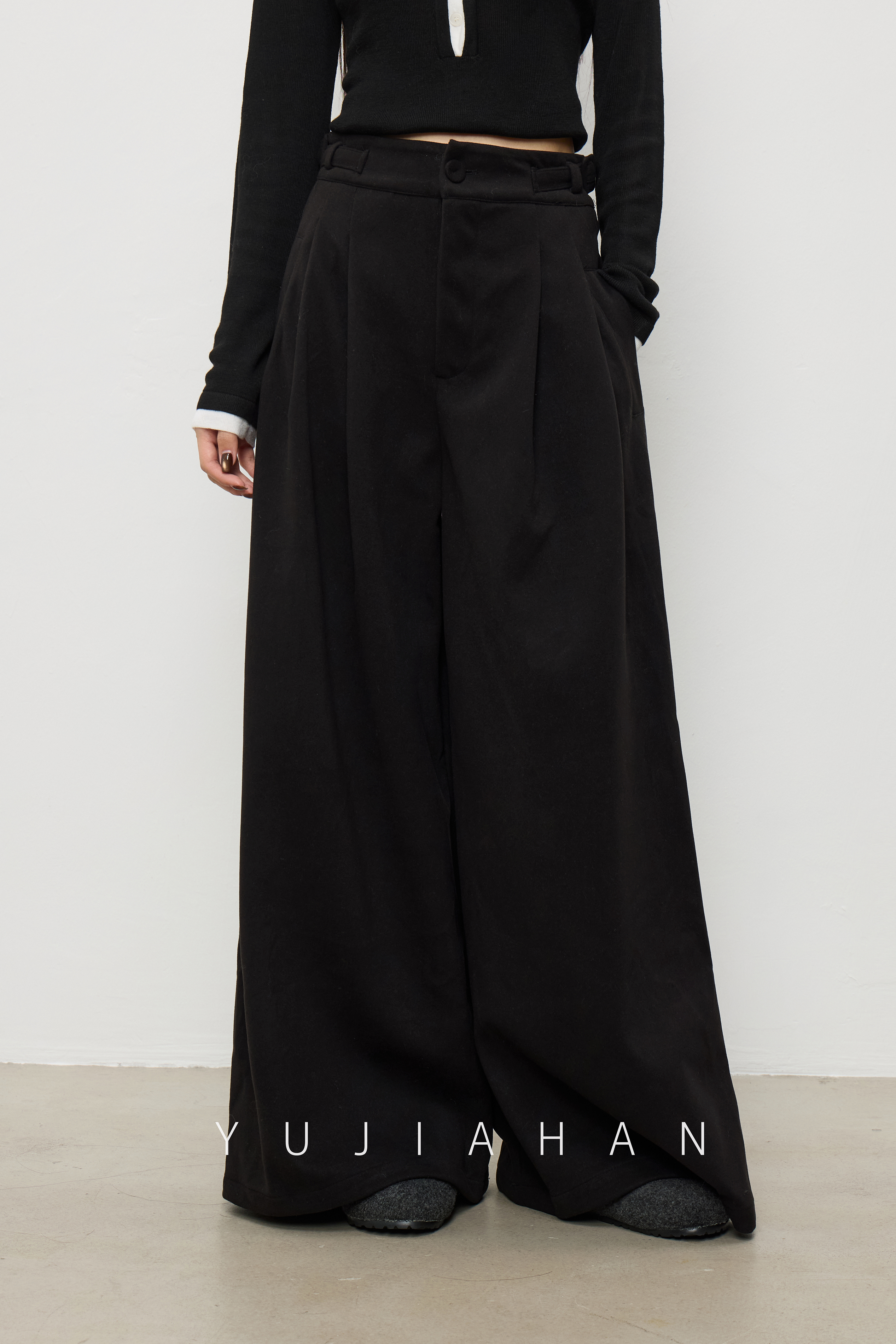 YUJIAHAN「柔坠廓形」小众设计感加厚毛呢高腰阔腿裤宽松百搭显瘦