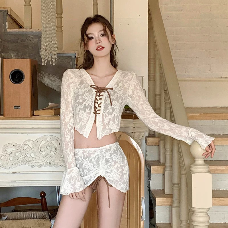 比基尼分体泳衣女四件套性感辣妹显瘦长袖罩衫泡温泉度假泳装