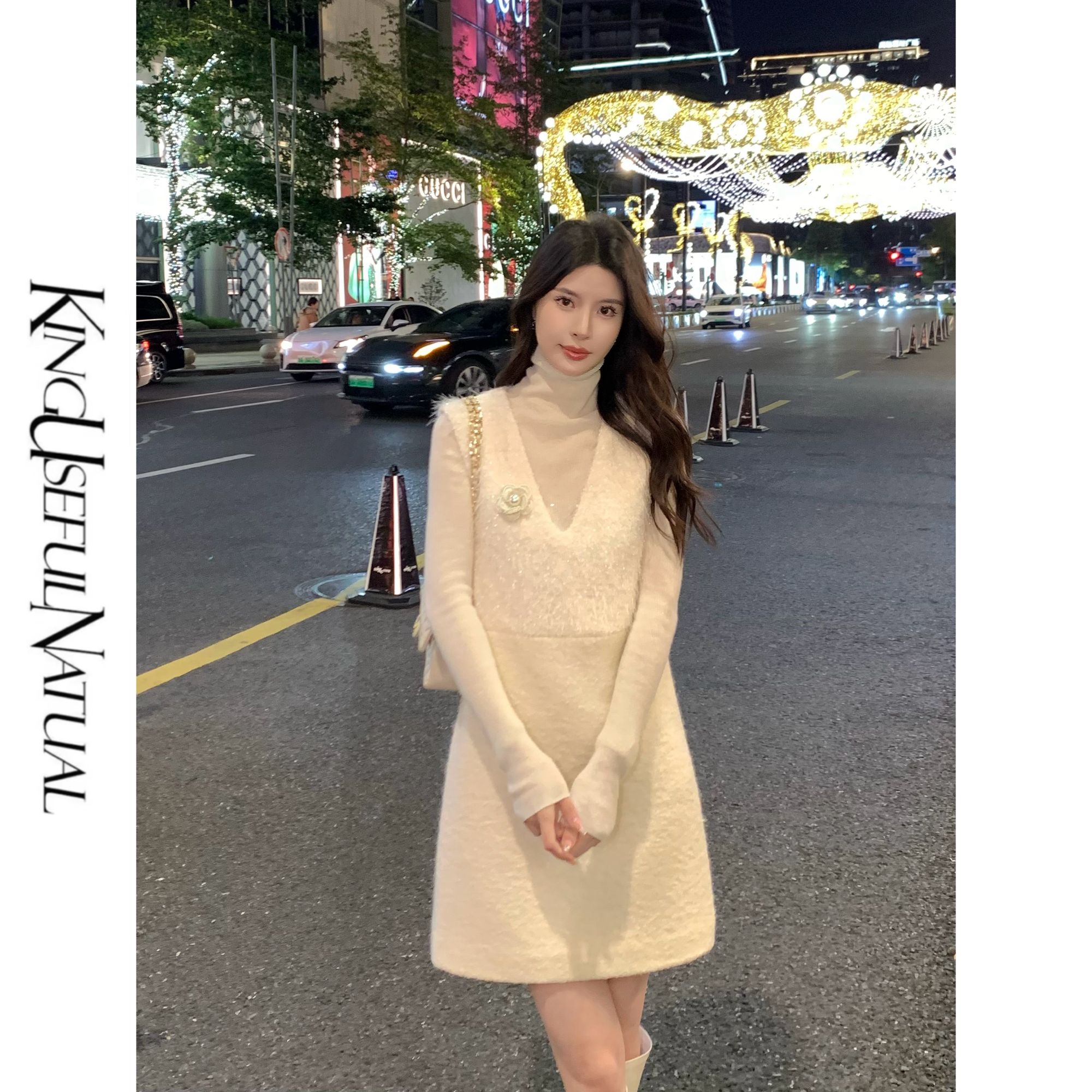 KUN【拉斐尔】轻奢米白色秋冬叠穿背心小众法式浪漫加厚时尚连衣裙