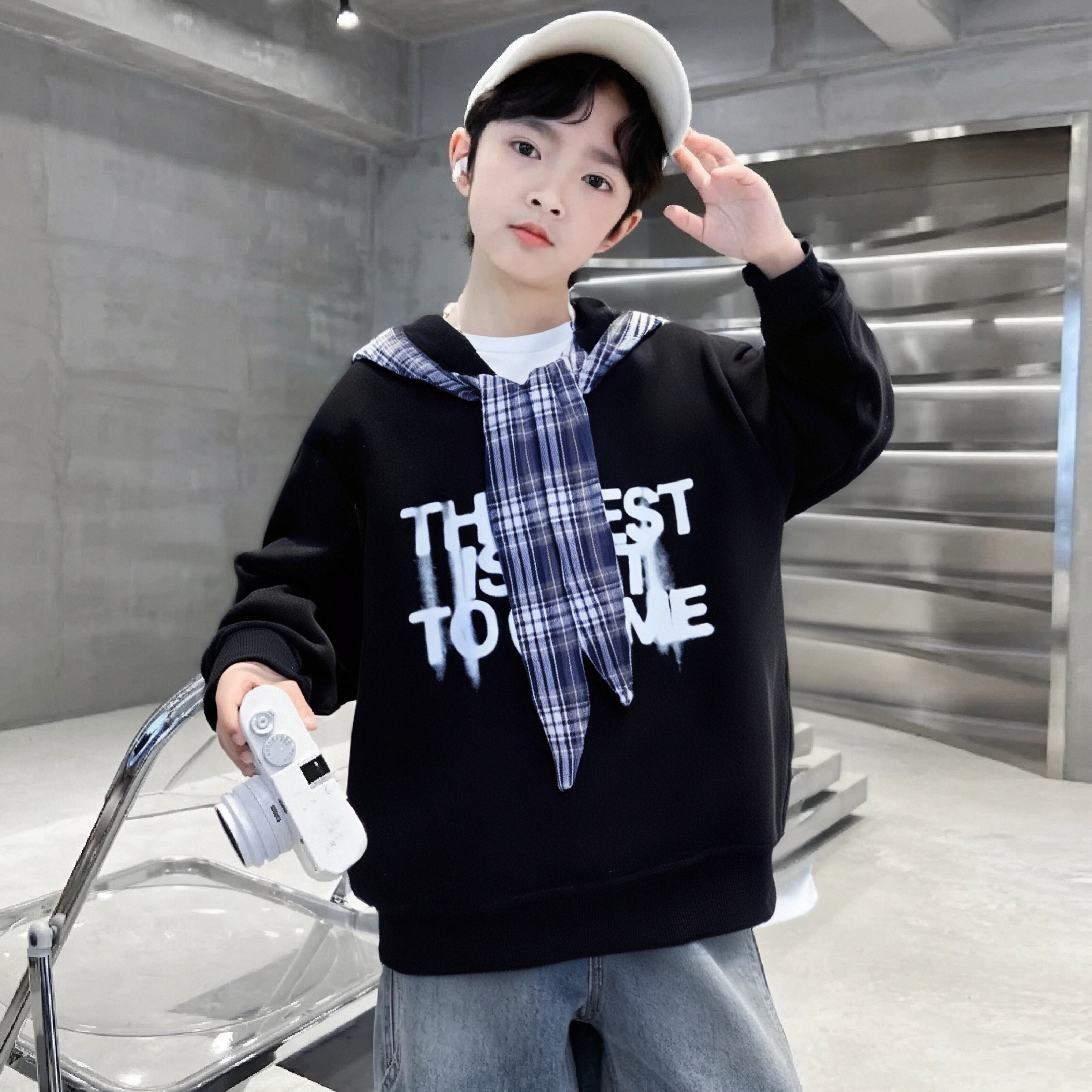 儿童卫衣2025秋季新款韩版格子连帽衫男童春秋洋气中大童时尚卫衣