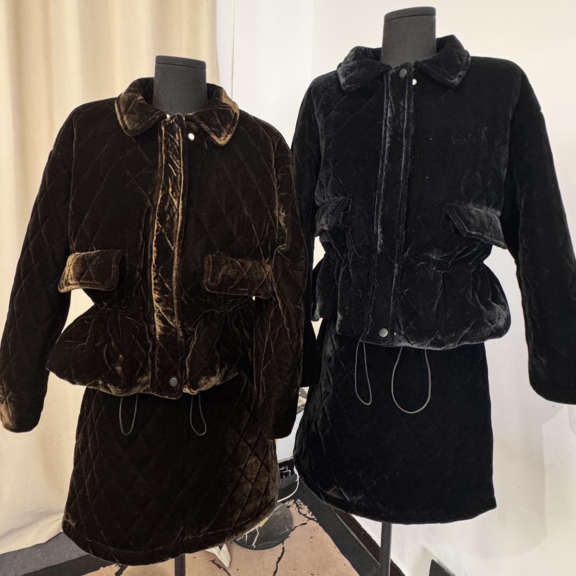 丝绒短款小香风棉服收腰外套搭配套装