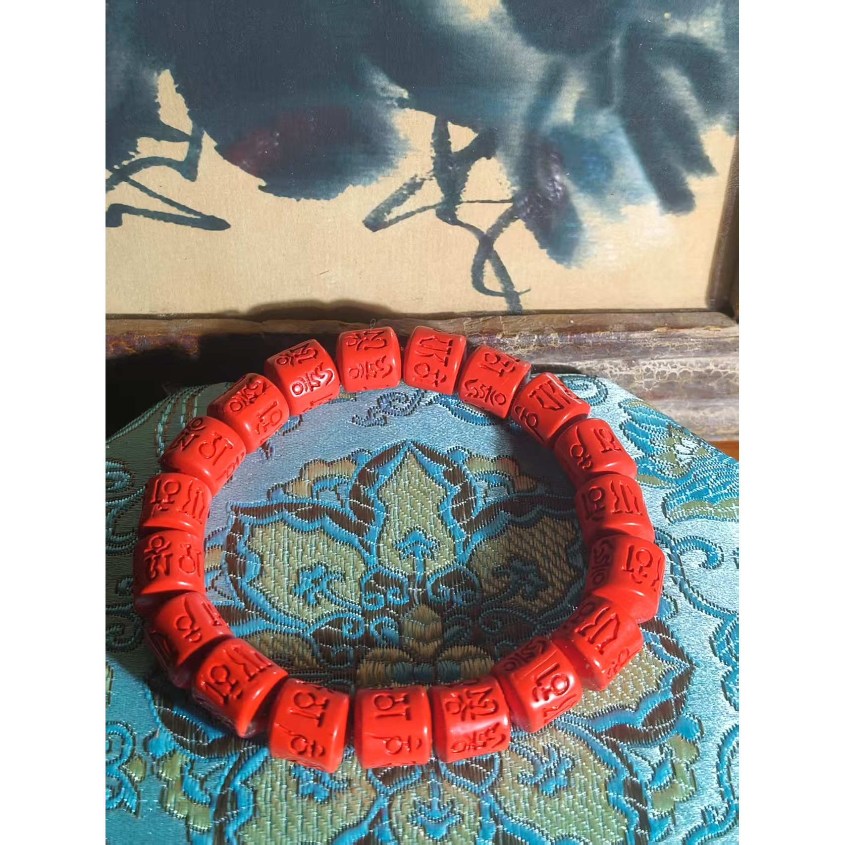 天然辰砂国风复古朱砂桶珠手串