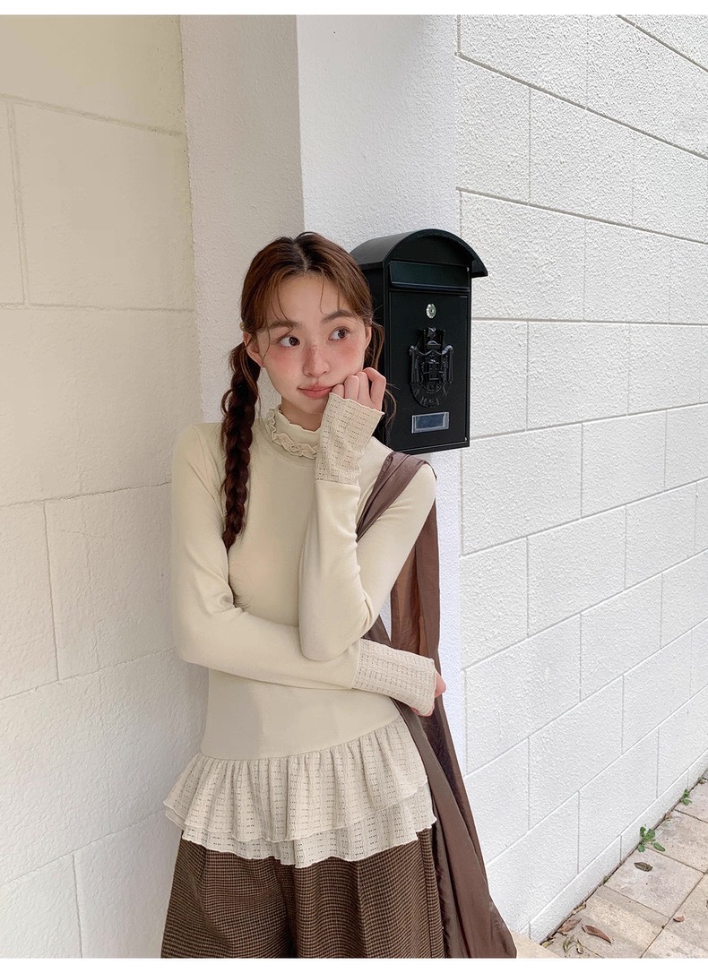 不基础打底 双层镂空拼接花边领打底衫#8149