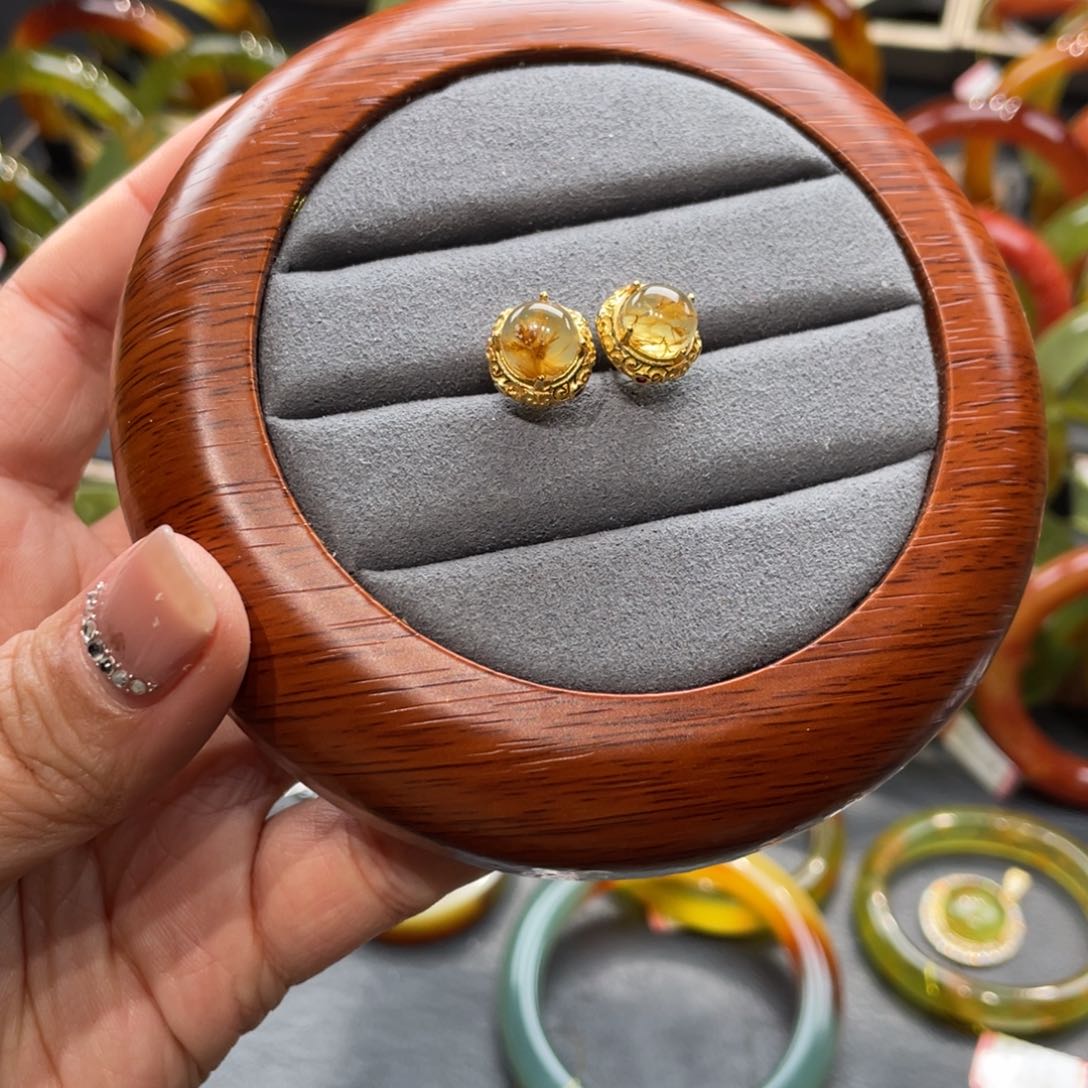 蛇纹石玉戒指银S925镀金镶嵌