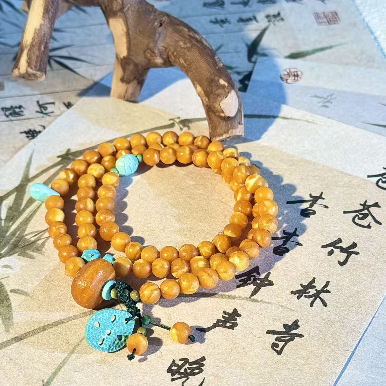 【景润】6mm+天然琥珀蜜蜡橘皮石膏蜡墩子珠瓷白妖花三圈设计手串