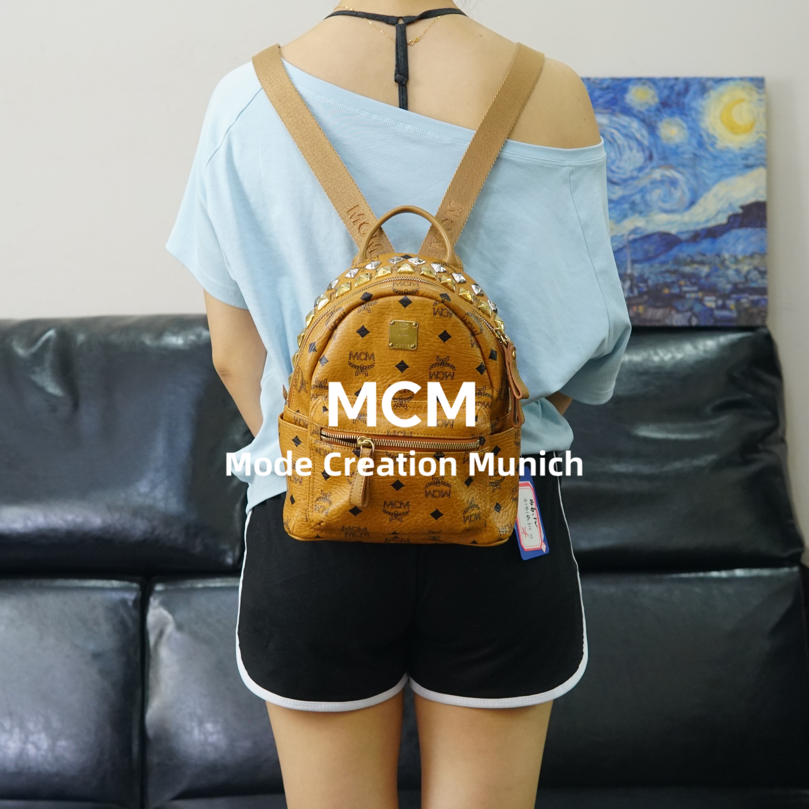 95新 MCM 干邑色小号双肩包/WJ06812038/2038