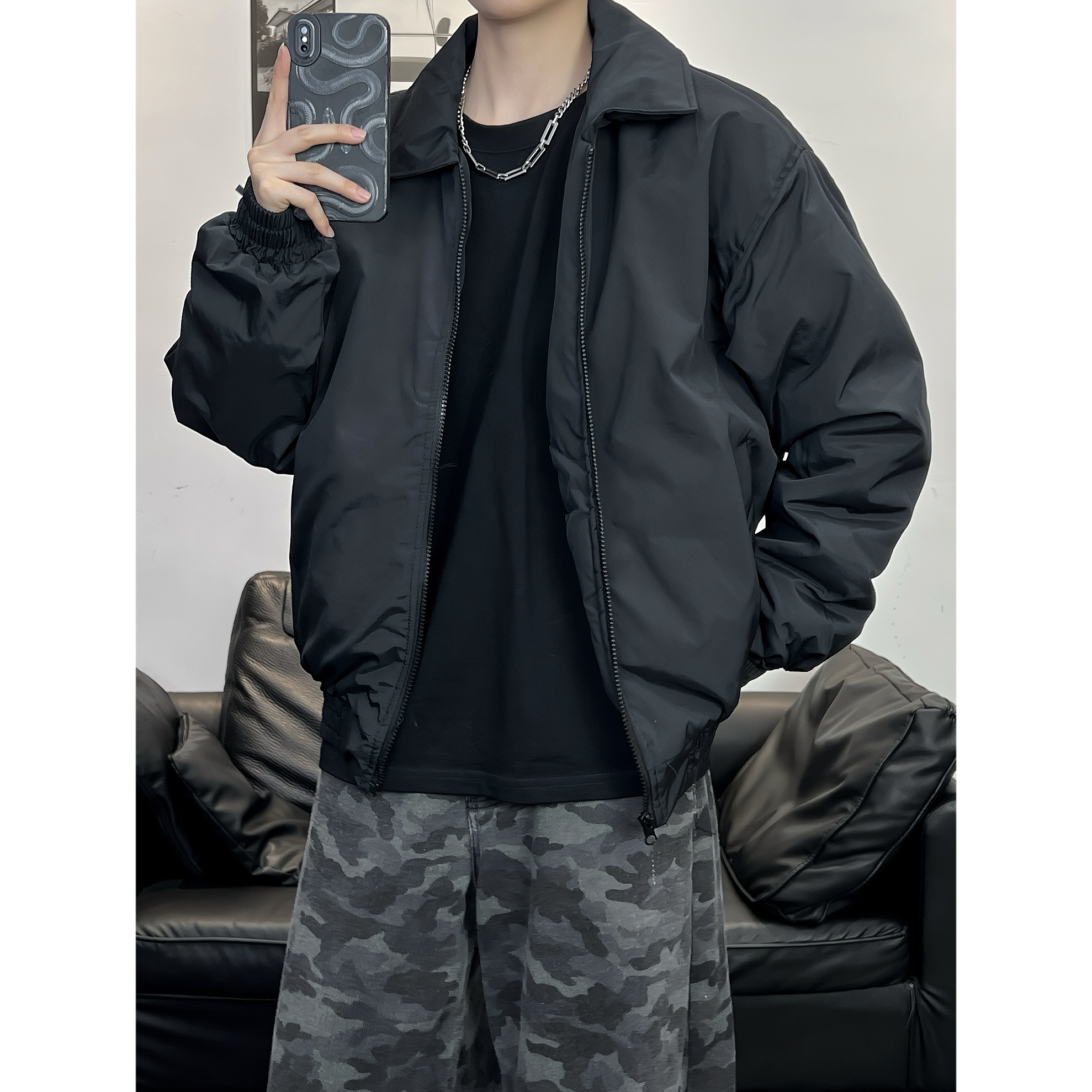 冬季新款三防保暖棉服男士百搭宽松休闲设计感翻领加厚棉衣外套潮