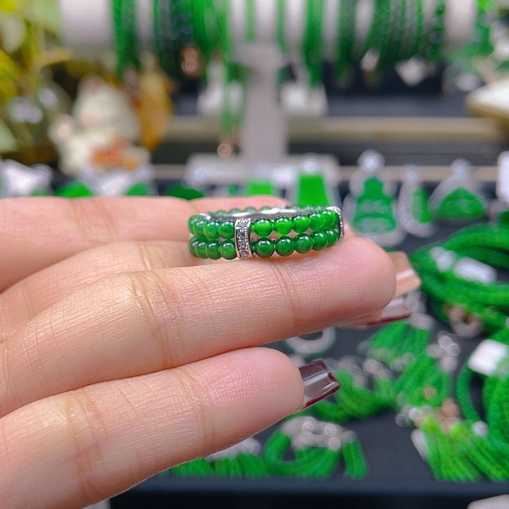 翡翠戒指银S925镶嵌圆珠戒圈3