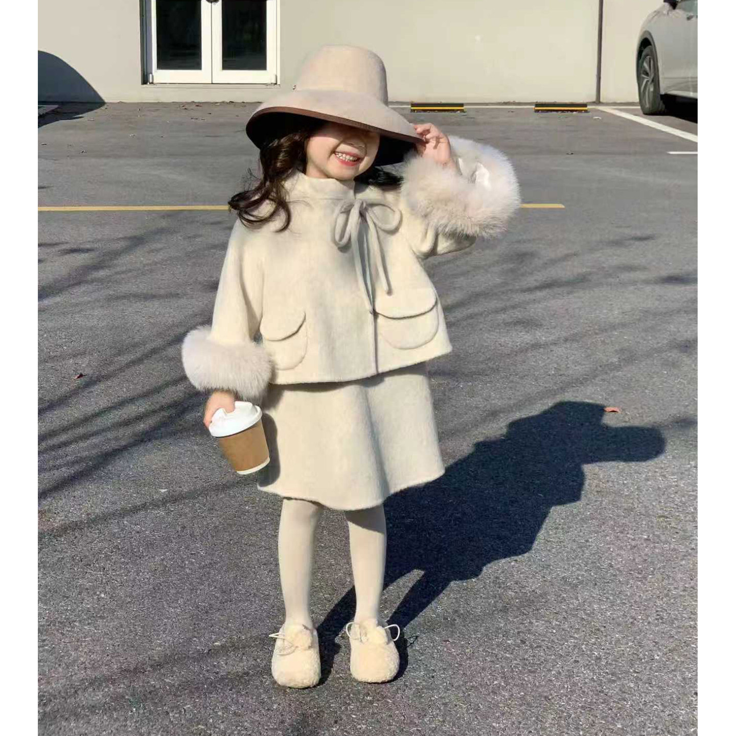 现货 狐狸毛）童装女童外套2025秋冬新款高级感洋气米色小香风套装