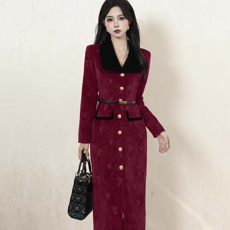 【含腰带】法式翻领拼色气质连衣裙秋冬裙子女QY0170