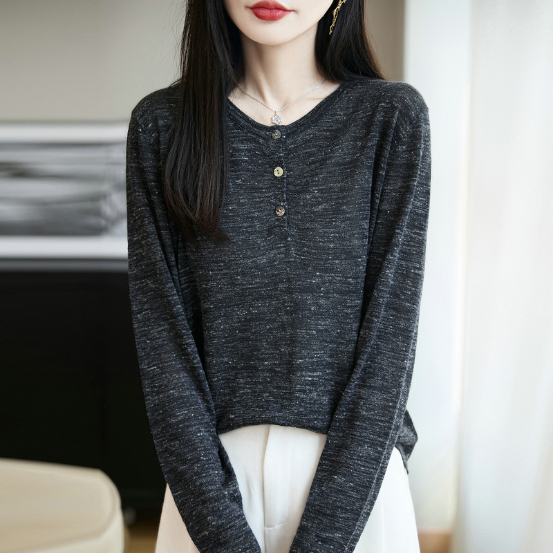圆领长袖针织打底衫女亚麻毛衣薄款套头T恤韩版减龄春秋显瘦洋气
