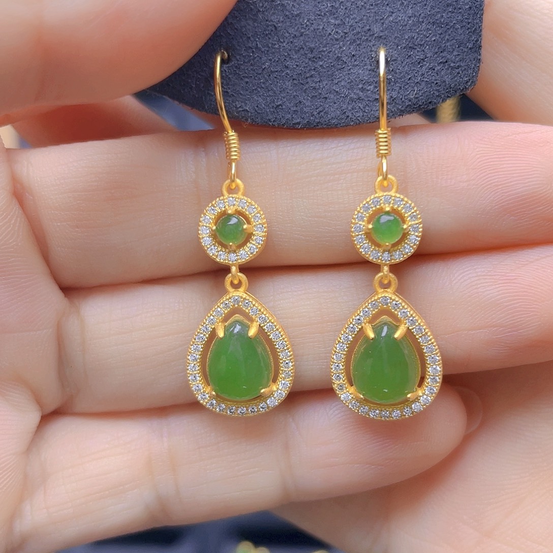 和田玉银S925镀金镶嵌耳饰