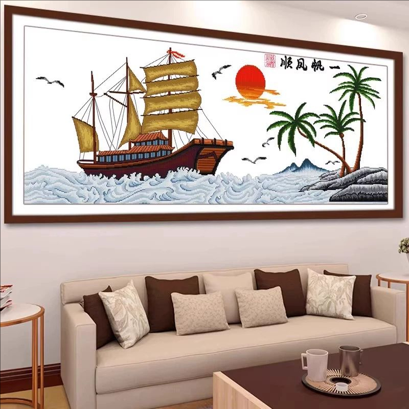 纯手工十字绣成品一帆风顺椰树帆船风景画中式客厅书房绣好的出售
