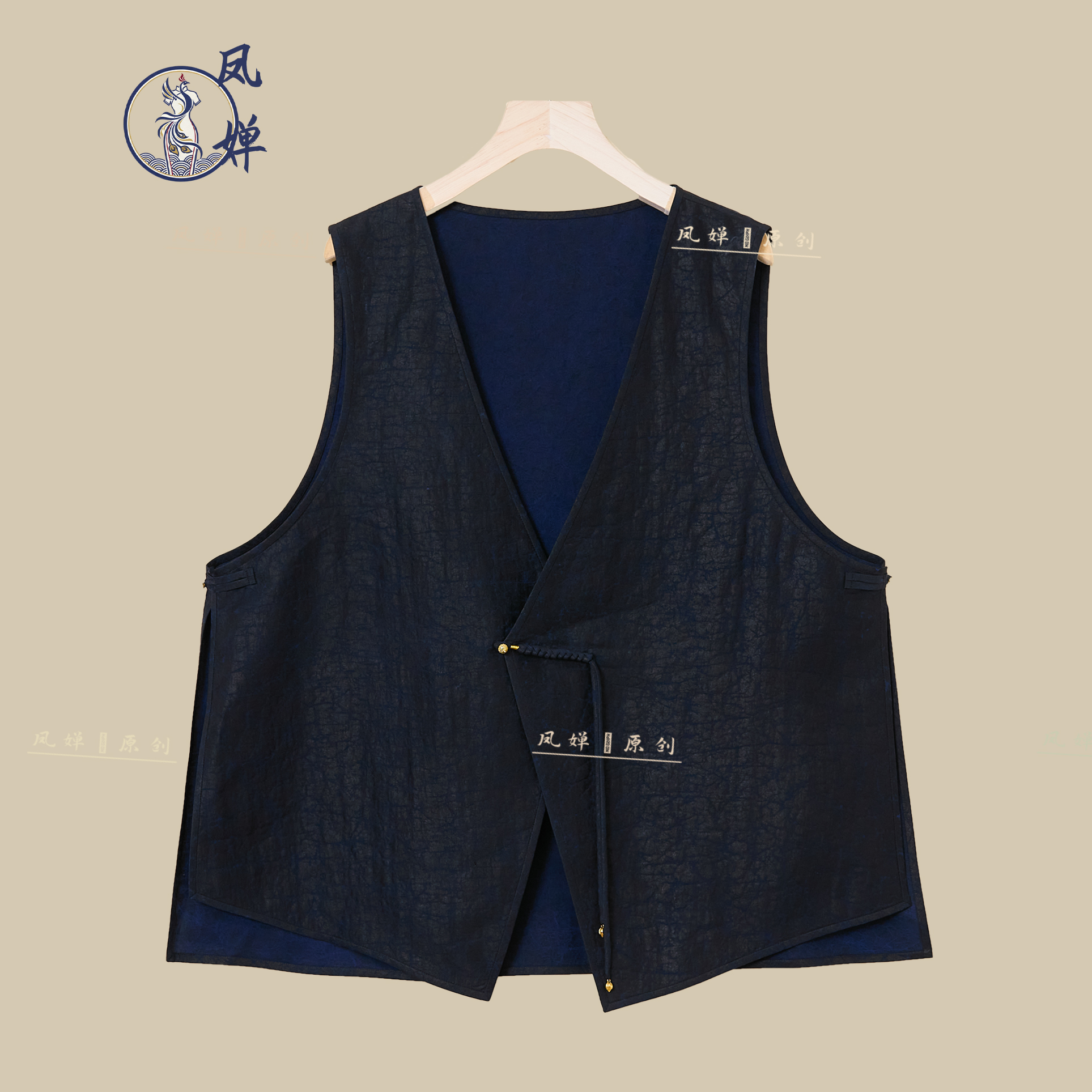 凤婵·原创 黛纹金缀 中式国风龟裂纹气质时尚减龄香云纱马夹裤子