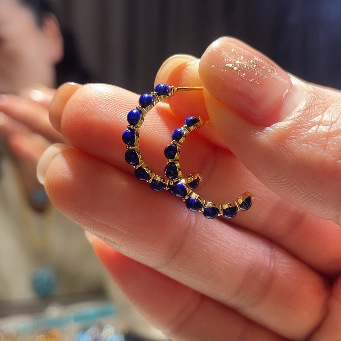 青金石银S925镶嵌耳饰大气款