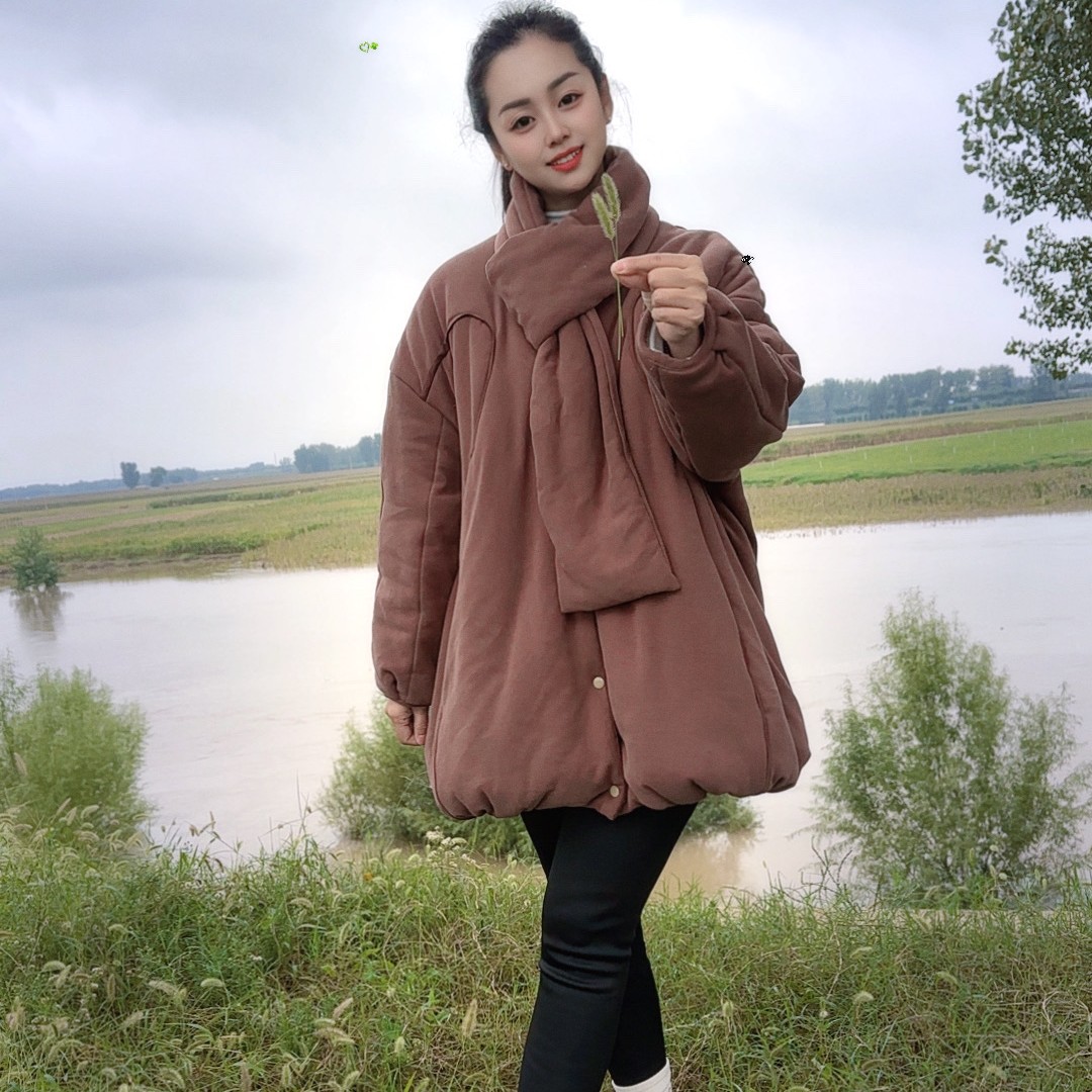 宽松无领围巾设计秋冬防风保暖可两穿围领可拆卸棉服