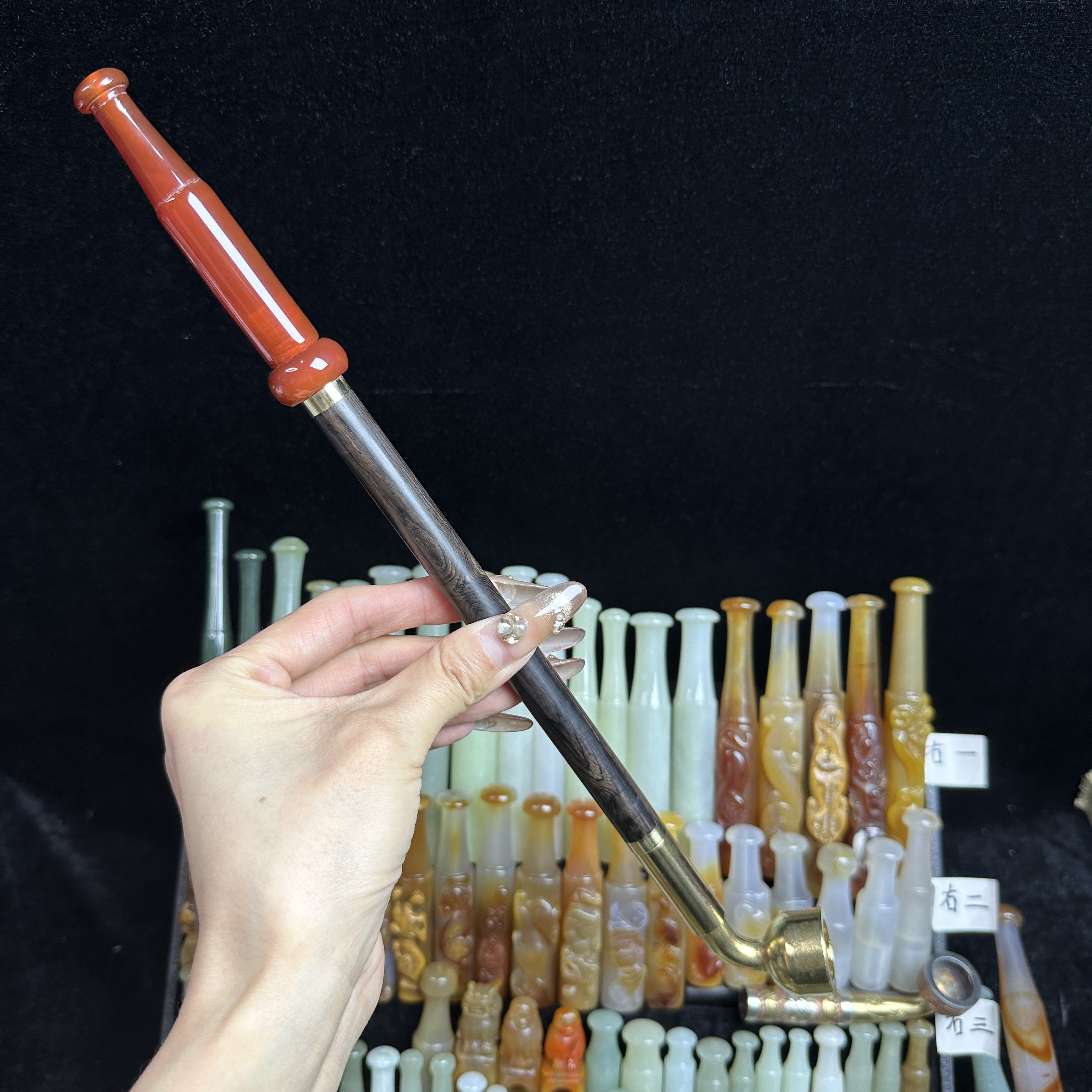 传统老式旱烟袋红玛瑙烟嘴 乌木紫光檀烟杆 黄铜大号锅头