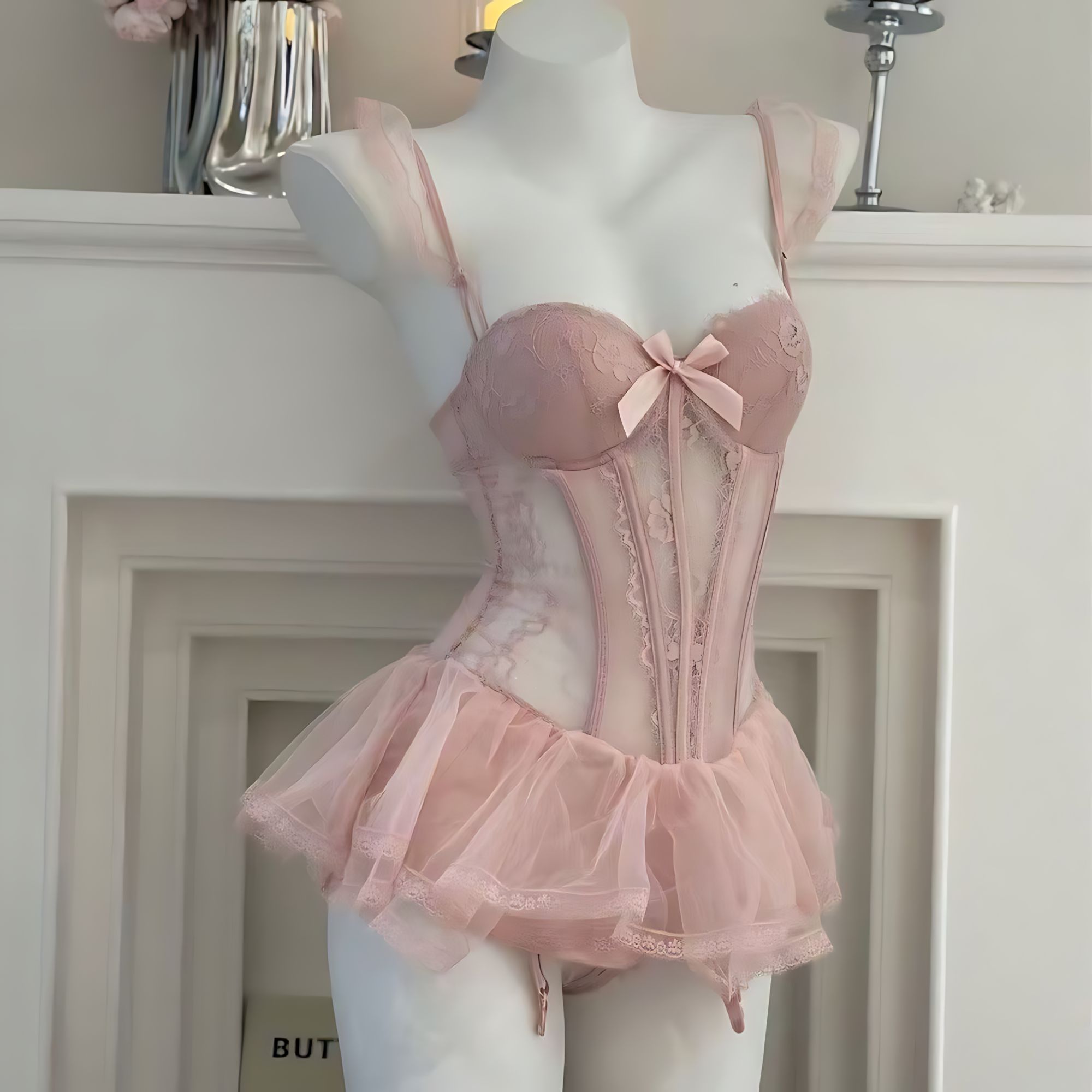 性感蕾丝胸垫睡裙少女聚拢连体粉色纯欲日系诱惑甜美