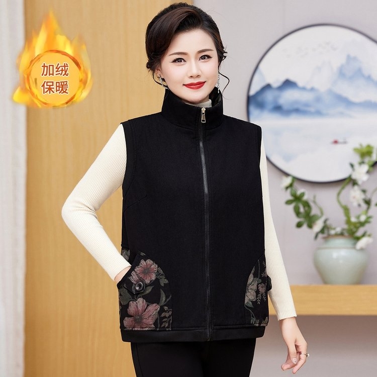 立领夹绒马甲 秋冬大码精品中老年马甲坎肩牛仔棉带绒加厚外穿宽