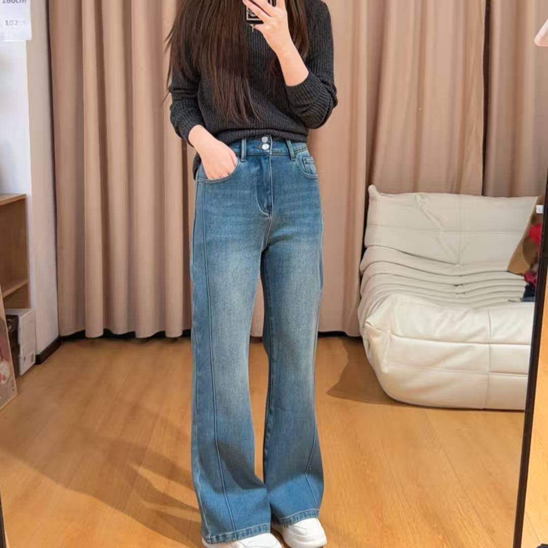 86014余小鱼 【直腿牛仔】两色两粒扣竖线秋冬植绒微喇牛仔裤女装